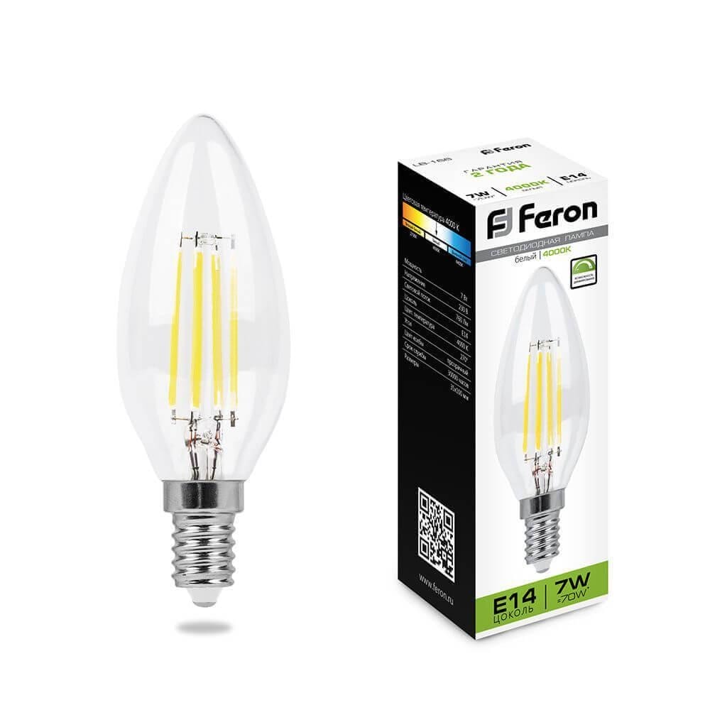 Лампа светодиодная филаментнаядиммируемая Feron Е14 7W 4000K Свеча на ветру Прозрачная LB-166 25871
