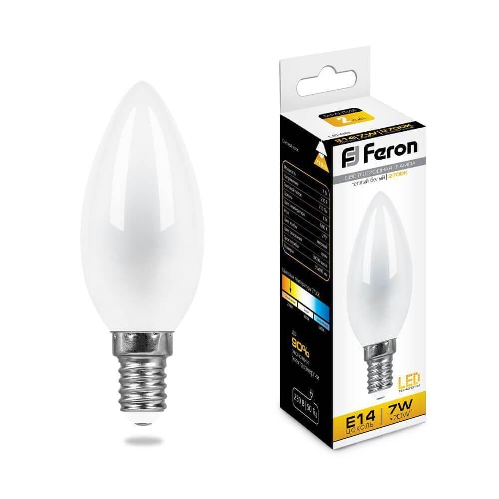 Лампа светодиодная Feron E14 7W 2700K Свеча Матовая LB-66 25785