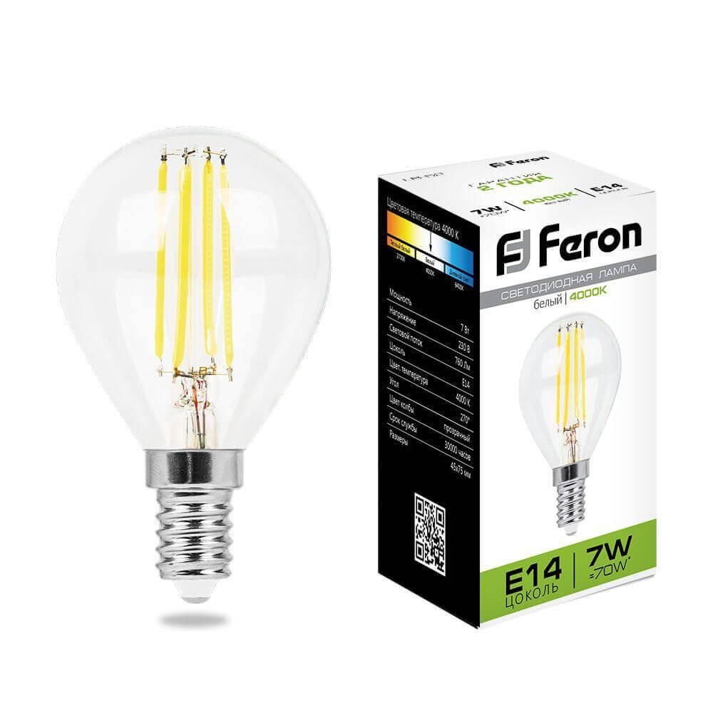 Лампа светодиодная филаментная Feron E14 7W 4000K Шар Прозрачная LB-52 25875
